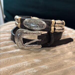 Justin’s Top Grain Cowhide Black Leather Belt with Ornate Silver Buckle